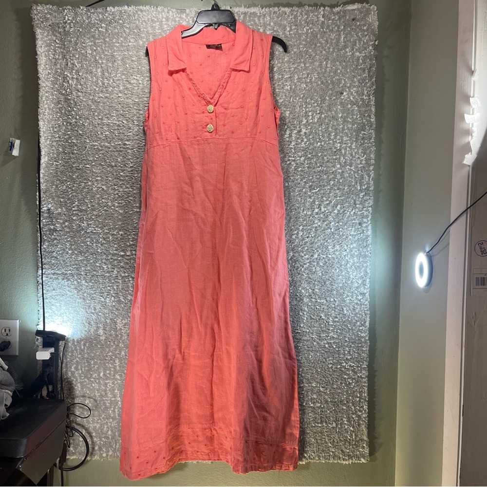 Maxi Linen Polo Dress M Pink Embroidered Coastal Vacation USA Made By Liz & Jane